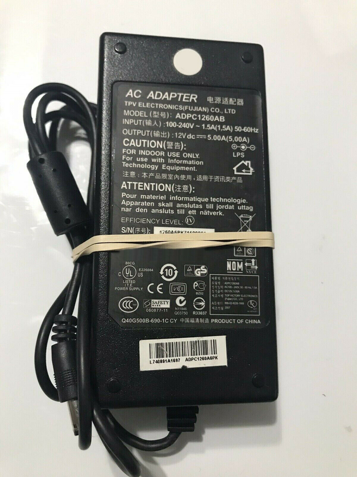 Genuine OEM TPV ELECTRONICS ADPC1260AB AC ADAPTER 12V DC 5A Custom Bundle: No Co Genuine OEM TPV ELECTRONICS ADPC1260AB AC ADAPTER 12V DC 5A Custom Bundle: No Co